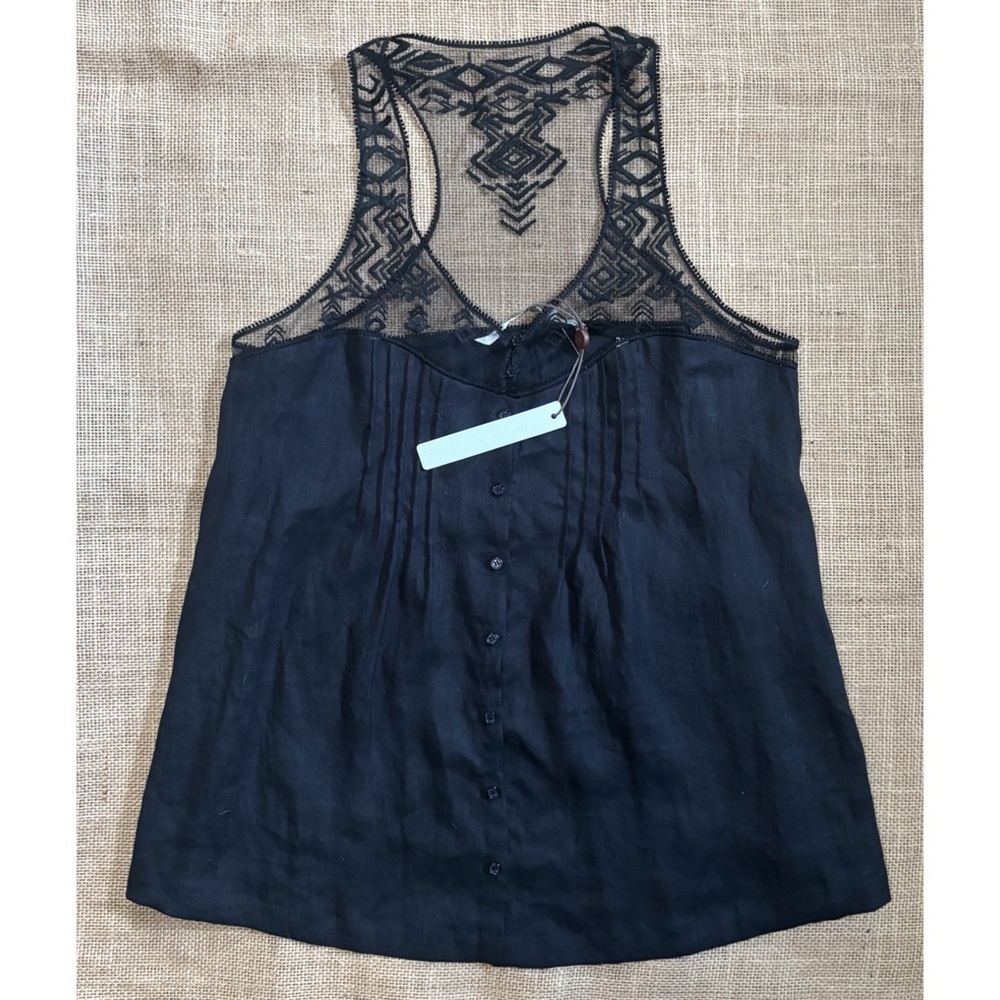 Twelfth Street By Cynthia Vincent Black Linen Sleeveless Shirt XS S Lace Trim